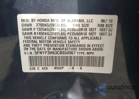 2012 Honda Pilot Ex-L из США, поврежденный, VIN 5FNYF3H63CB034967